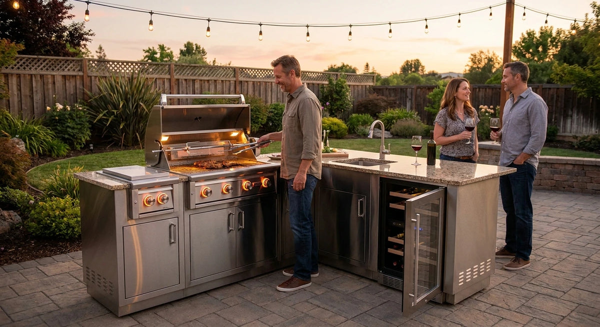 Outdoor Kitchen Island Gas Grill, host lifts tongs over the lit grill while guests hold drinks nearby
