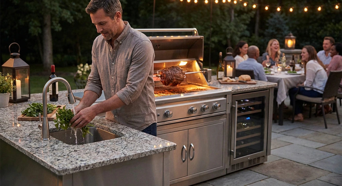 Outdoor Kitchen Island Gas Grill, man rinses vegetables at the integrated sink while rotisserie turns behind him